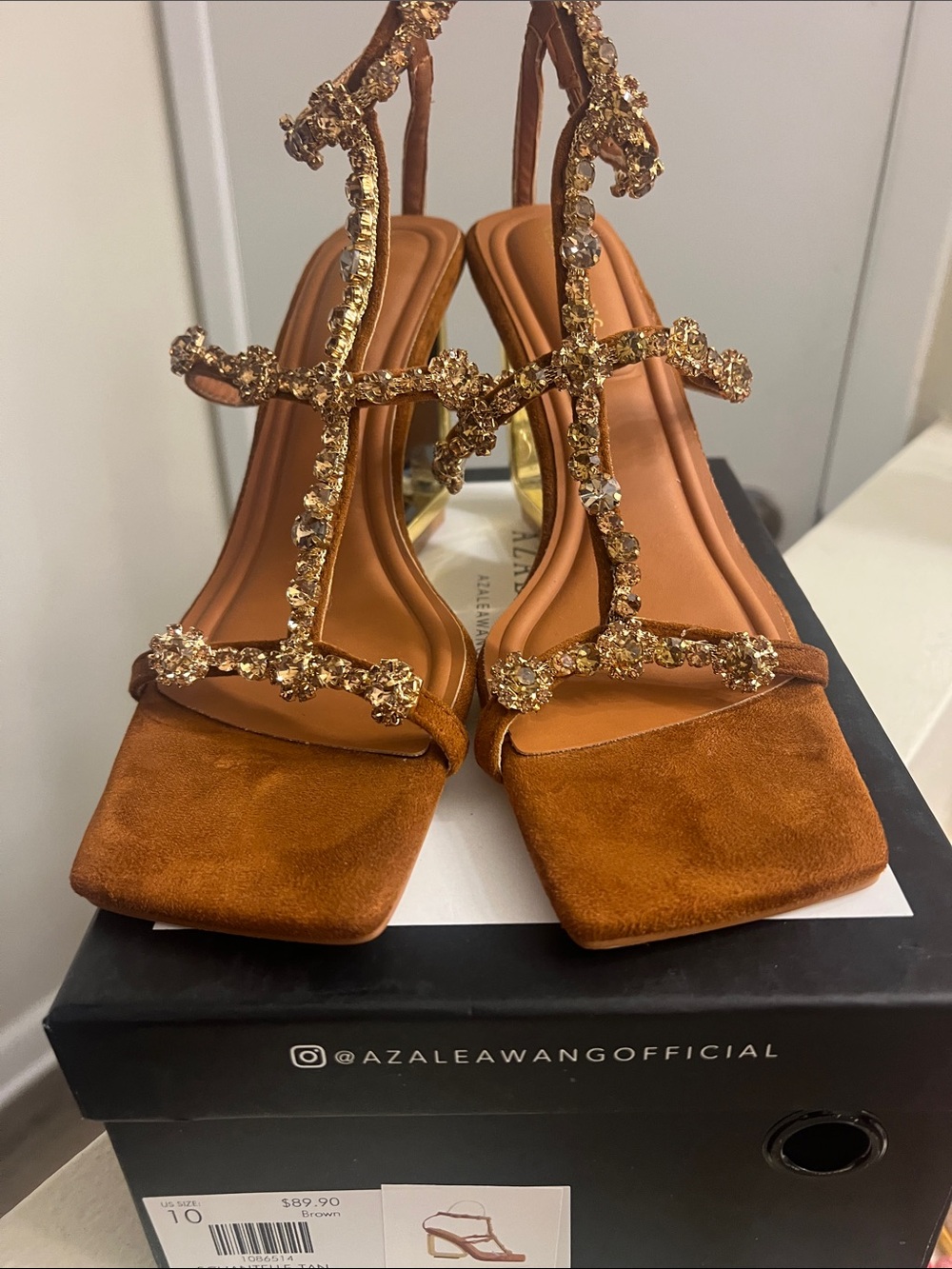 Azalea Wang Crystal-T-Strap Tan Suede Heels